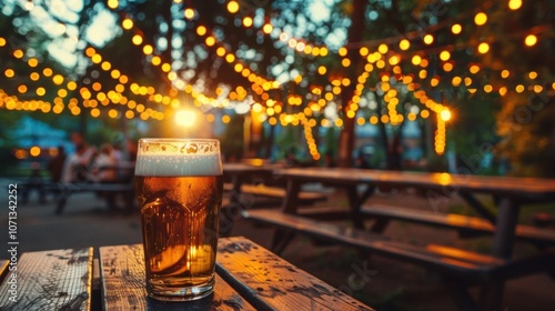 An expansive outdoor beer garden with string lights and communal picnic tables plays host to a brewery tour.