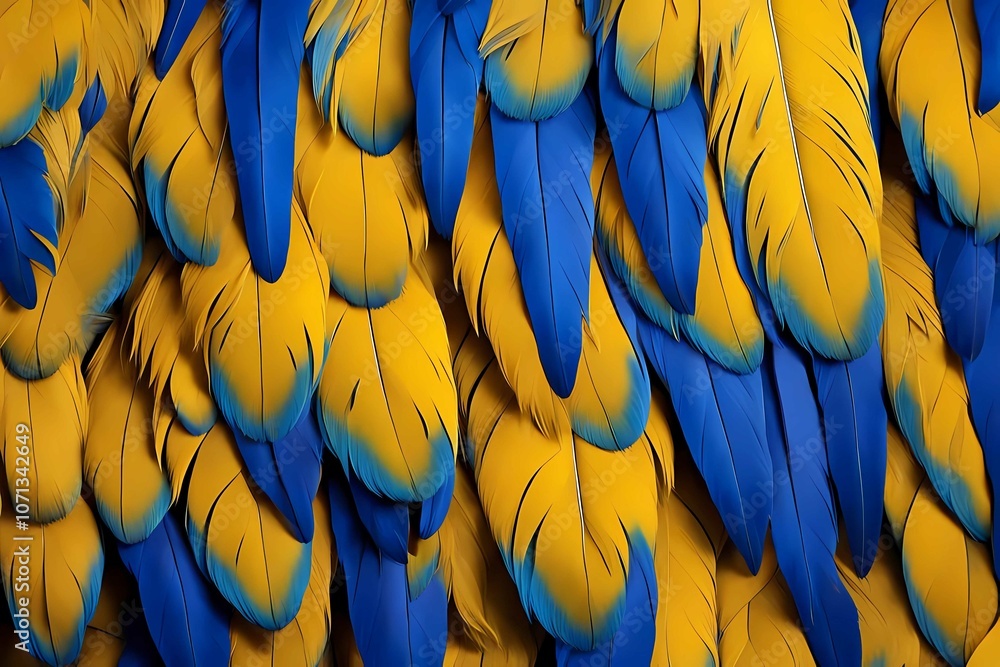 Obraz premium Bright, colorful close-up of bird feathers, blue and yellow hues, detailed, tropical feel
