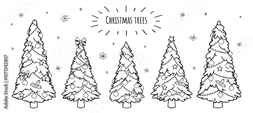 Christmas trees decorated with New Year's toys vector coloring book. collection of sketches of Christmas trees vector
