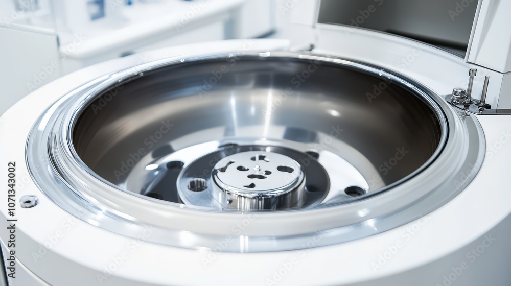 High-Tech Centrifuge: Close-up view of a modern, high-capacity laboratory centrifuge, showcasing its sleek design and stainless steel interior. Ready for scientific research and analysis. High-Tech Centrifuge: Close-up view of a modern, high-capacity laboratory centrifuge, showcasing its sleek design and stainless steel interior. Ready for scientific research and analysis.