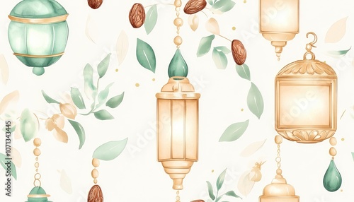 Watercolor illustration of Ramadan lanterns with gold details and green leaves on a white background.