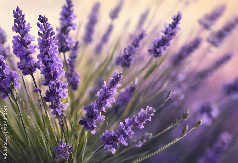 Obraz premium A close-up view of blooming lavender flowers with soft purple hues and green stems, creating a serene and calming atmosphere.