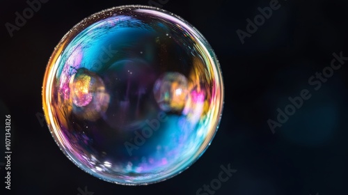 Translucent Soap Bubble on Dark Background Reflecting Colors and Light, Macro Photography for Abstract and Fantasy Themes, Night-Time Composition for Creative Projects and Artistic Designs