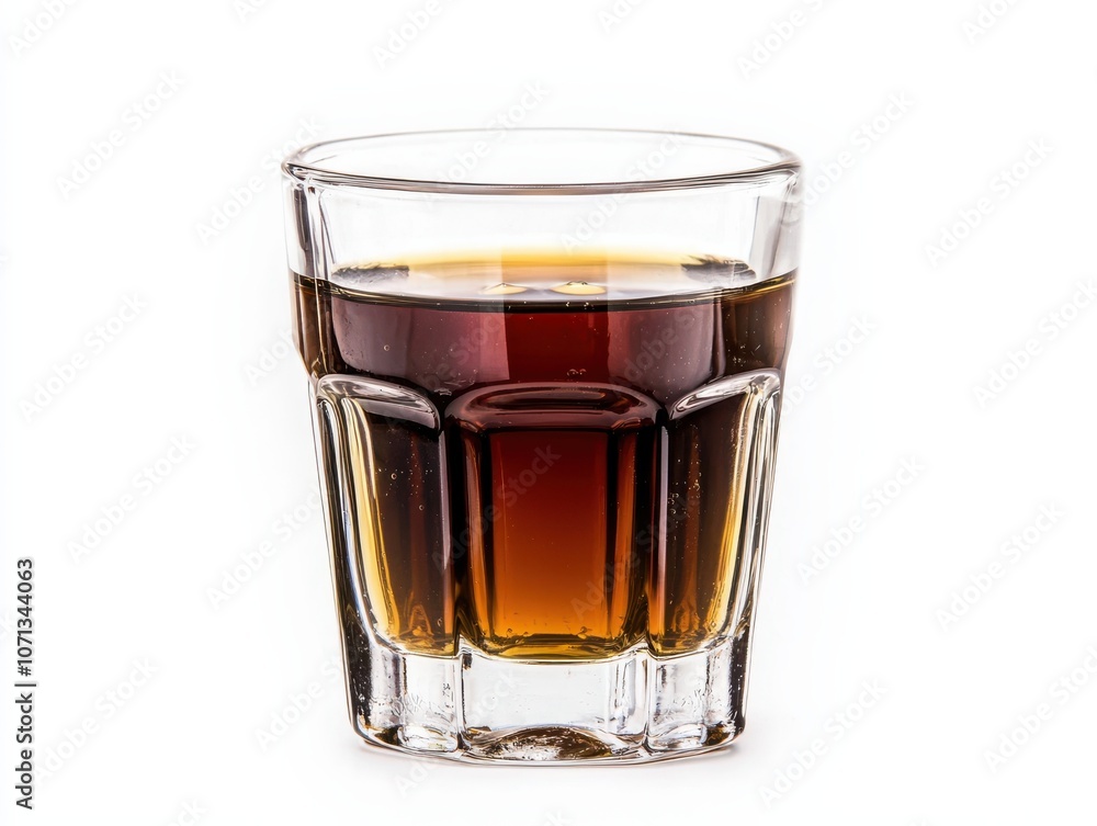 A glass of dark, layered liquid, suggesting a rich beverage, possibly an alcoholic drink or cocktail, displayed against a clean white background. A glass of dark, layered liquid, suggesting a rich beverage, possibly an alcoholic drink or cocktail, displayed against a clean white background.
