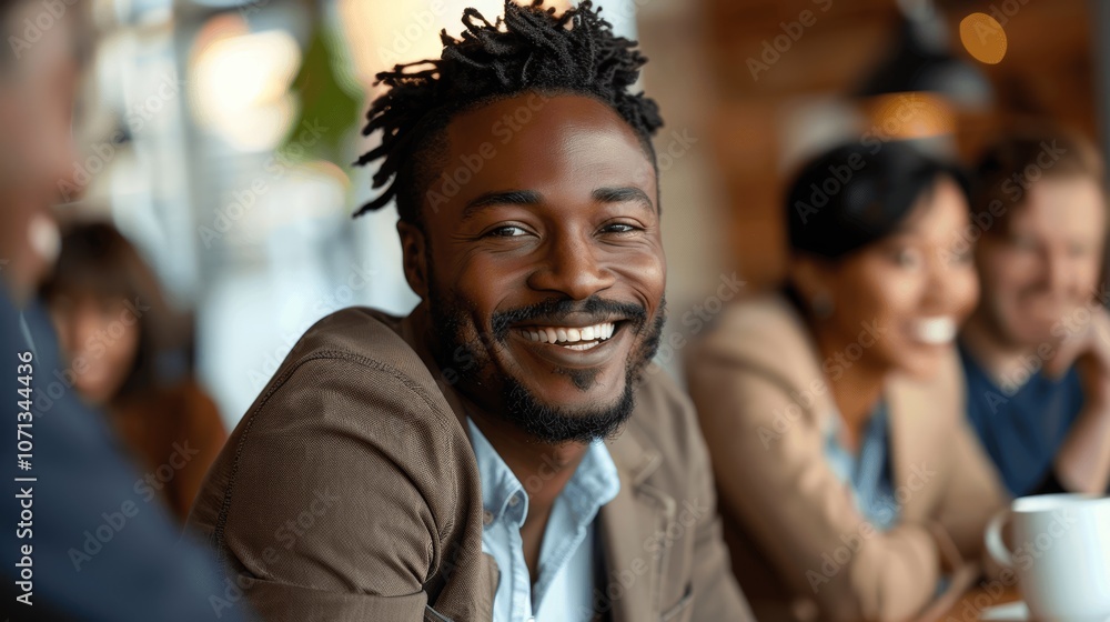 Smiling Black Man with Colleagues in Office Meeting Smiling Black Man with Colleagues in Office Meeting