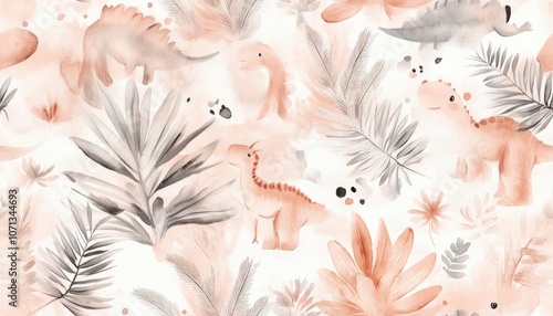 Fototapeta Naklejka Na Ścianę i Meble -  Watercolor pattern with dinosaurs and leaves in soft pink and gray colors.