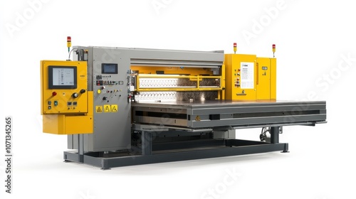 High-Tech Paper Cutting Machine:  A sleek, modern paper cutting machine with a yellow and gray color scheme, showcasing its industrial design and technological prowess. Perfect for manufacturing. photo