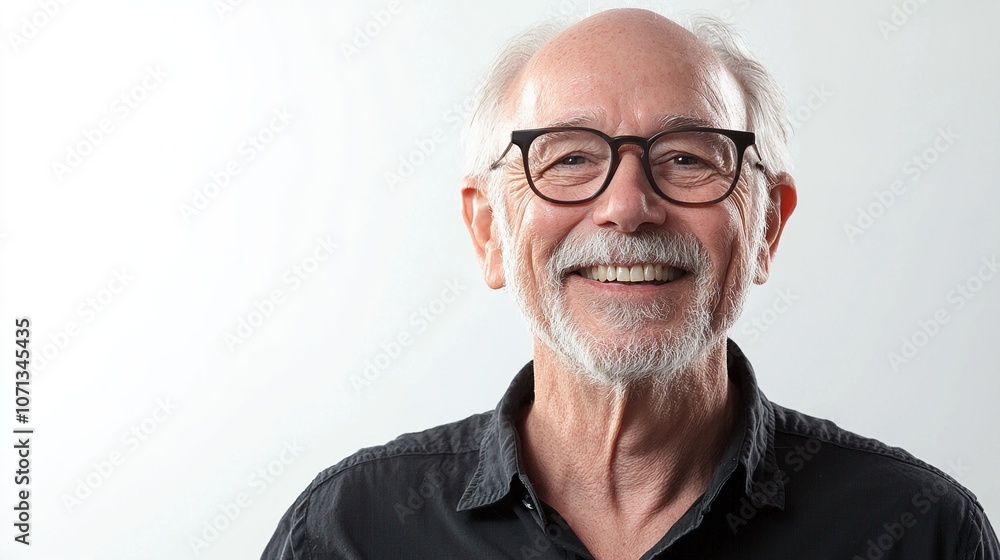 Smiling Older Man with Glasses on Light Background Smiling Older Man with Glasses on Light Background
