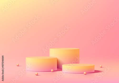 Realistic pink and yellow 3D cylindrical podium set background with sphere balls. Minimalist mockup pedestal or abstract cosmetic product display presentation, Stage showcase. Platforms vector design.