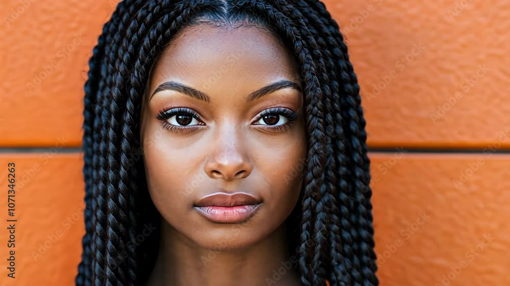 A woman with black braids looks directly at the camera in front of a brown wall A woman with black braids looks directly at the camera in front of a brown wall