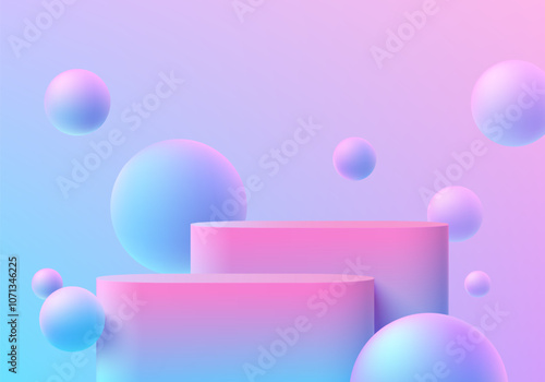Realistic pink and blue 3D round podium set background with bounce ball, Floating bubble. Minimalist 3D mockup pedestal, Abstract product display presentation, Stage showcase. Platforms vector design.