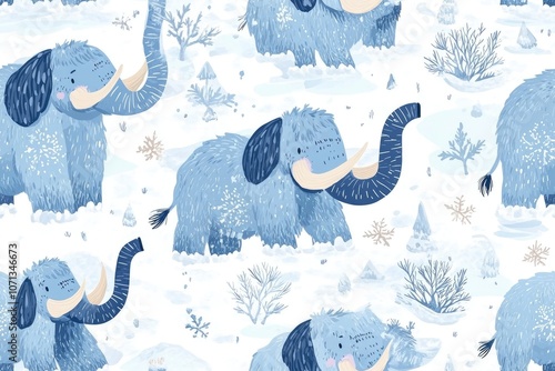 A seamless pattern of woolly mammoths in a winter landscape.