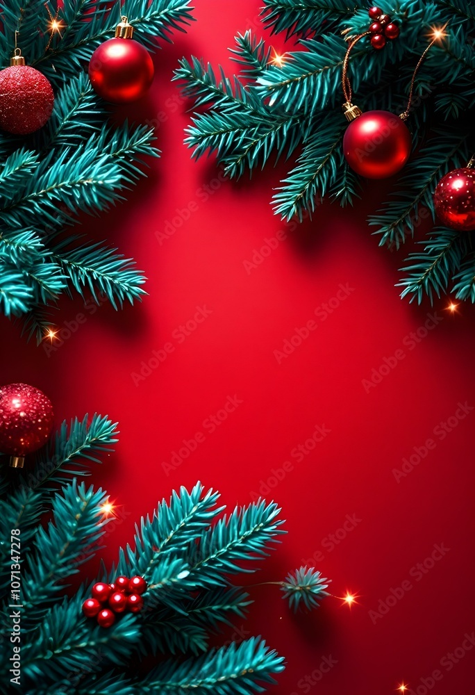 Christmas Frame with Pine Needles and Red Decorations Christmas Frame with Pine Needles and Red Decorations