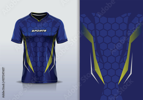 Sport jersey design template mockup polygon hexagon pattern for football soccer, running, esports, blue gold color photo