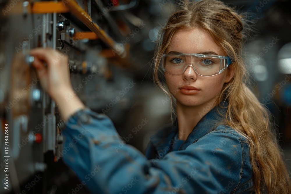 Skilled female technician working on automotive production line, precision manufacturing, modern factory, photorealistic, safety equipment, professional expertise Skilled female technician working on automotive production line, precision manufacturing, modern factory, photorealistic, safety equipment, professional expertise