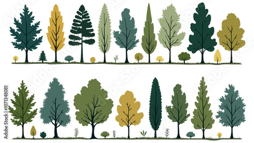 Minimal style cad tree line drawing, Side view, set of graphics trees elements outline symbol for architecture and landscape design drawing. Vector illustration in stroke fill in white. Tropical
