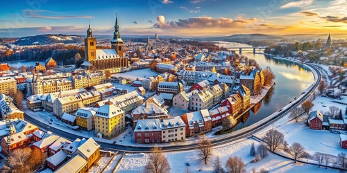 Aerial view of Pirna, transformed into a wintry wonderland.