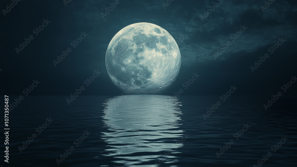 The full moon casts a soft glow across tranquil ocean waters, creating a beautiful reflection while the sky transitions into darkness. The peaceful atmosphere invites contemplation The full moon casts a soft glow across tranquil ocean waters, creating a beautiful reflection while the sky transitions into darkness. The peaceful atmosphere invites contemplation