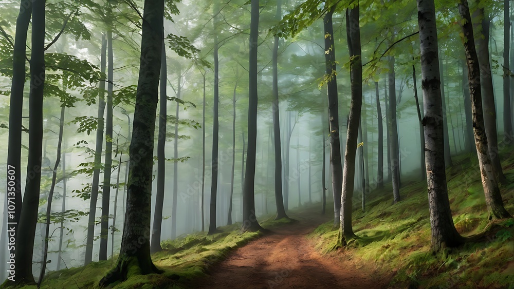 Green foggy morning forest landscape with beech trees, green forest Green foggy morning forest landscape with beech trees, green forest