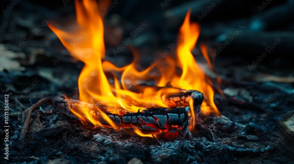 Flames Dancing on Charred Wood in Dark Background Flames Dancing on Charred Wood in Dark Background
