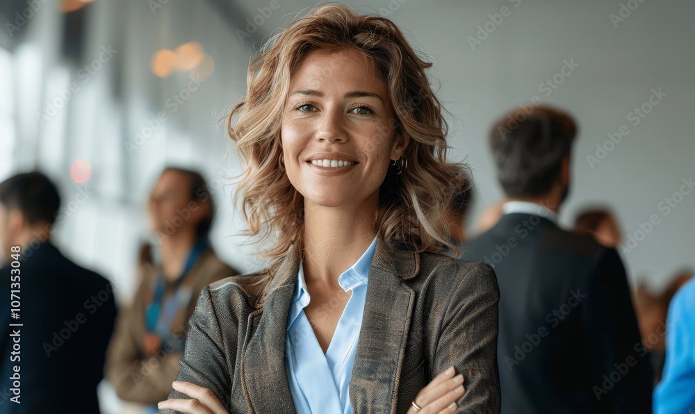Confident businesswoman smiling at conference with professionals Confident businesswoman smiling at conference with professionals