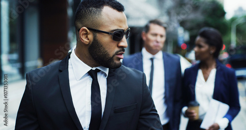 Bodyguard, walking and security for business people, protection and vip guests in city with surveillance. Secret service, client and private escort outdoor for politician, corporate worker and safety