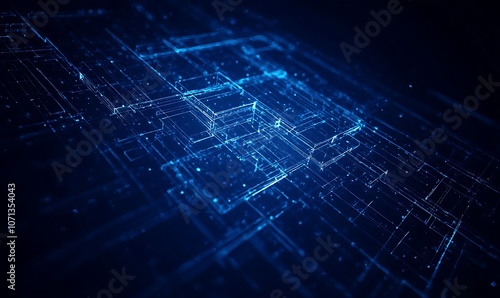 A futuristic digital landscape featuring interconnected blue lines and glowing particles against a dark background, representing technology and data flow.