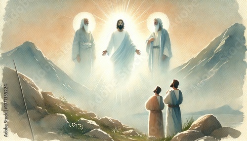 Jesus shining in radiant glory on the mountain. Digital painting.