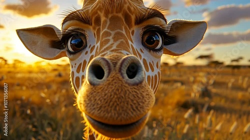 A close-up portrait of a giraffe with a friendly expression, looking directly at the camera, set against a backdrop of a golden sunset in the African savanna.