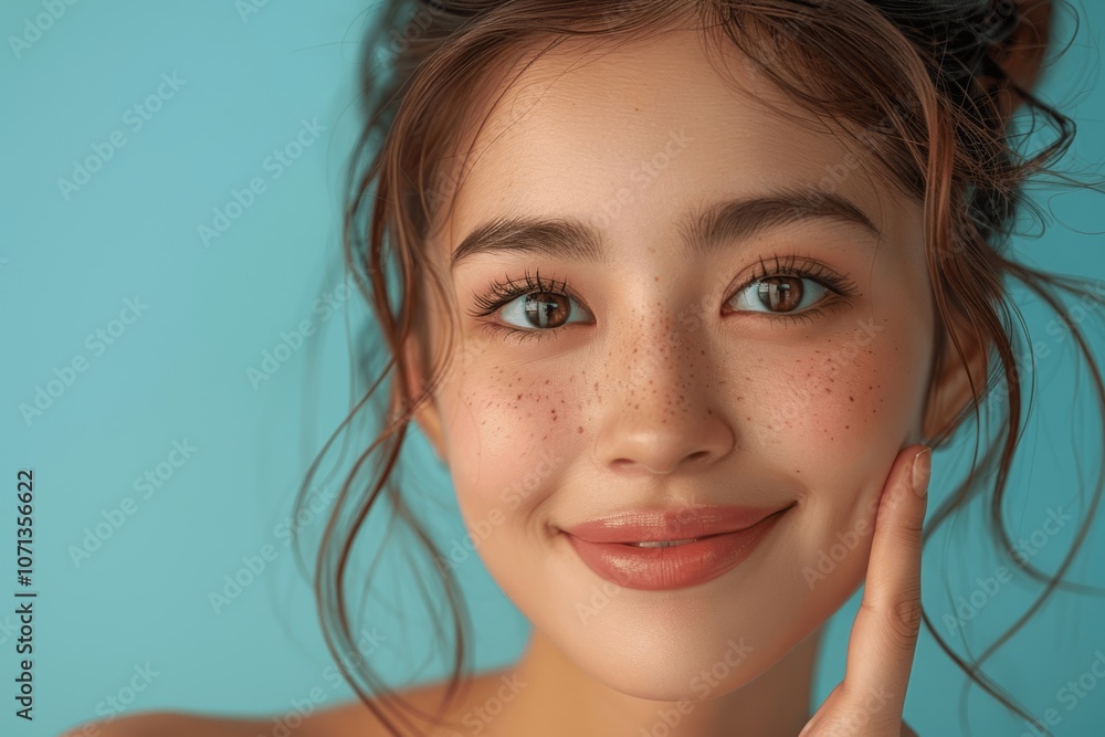 Japanese Woman Smiling and Pointing to Face for Skincare Advertisement Japanese Woman Smiling and Pointing to Face for Skincare Advertisement