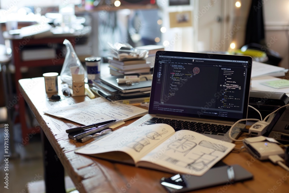 Explore creative ideas with an open notebook and laptop on a cozy workspace desk Explore creative ideas with an open notebook and laptop on a cozy workspace desk