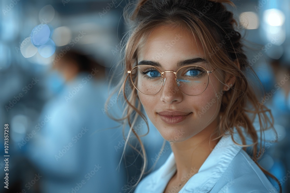 Young Female Scientist in White Lab Coat and Glasses Leading Research Team in Modern Laboratory Young Female Scientist in White Lab Coat and Glasses Leading Research Team in Modern Laboratory