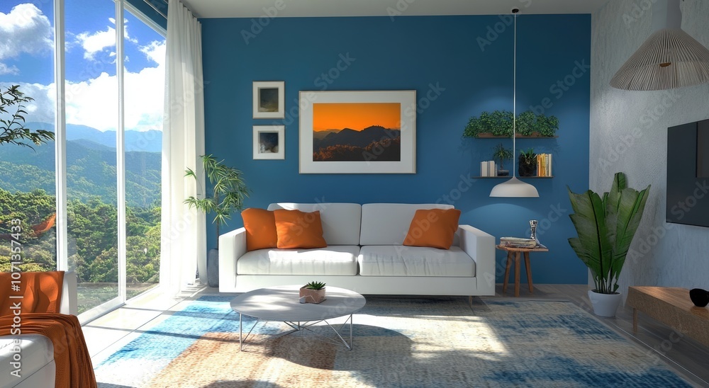 Fototapeta premium Minimalist living room with blue walls, white sofa, and a table
