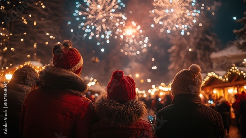 Christmas family gathering with fireworks outdoors, Families Celebrating Christmas Outdoors with Fireworks