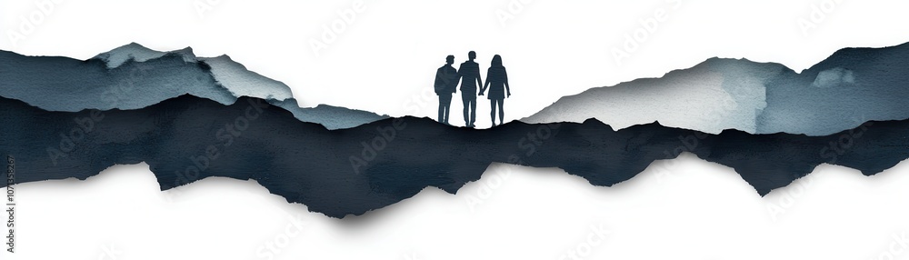 A silhouette of three people standing against a backdrop of layered dark mountains, evoking adventure and connection in a serene landscape.