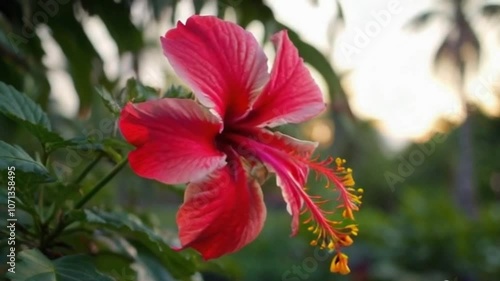 Time-lapse of Hibiscus Flower Opening in Tropical Garden with Red Petals in Morning Light