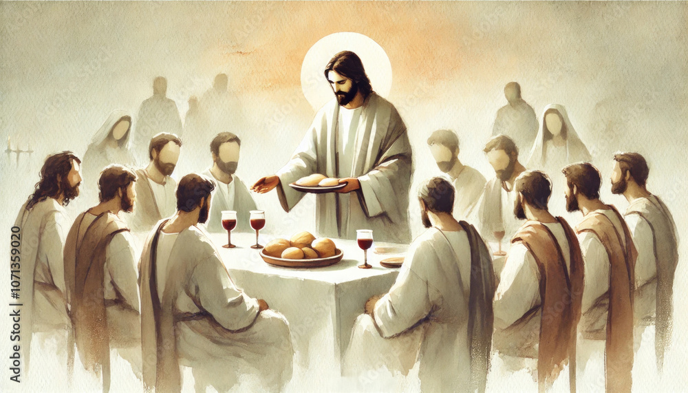 Jesus sharing bread and wine with His disciples, symbolizing His body and blood. Digital illustration. Jesus sharing bread and wine with His disciples, symbolizing His body and blood. Digital illustration.