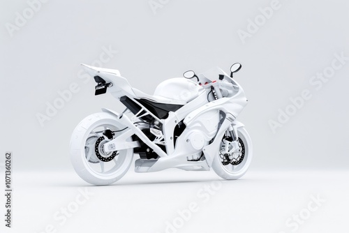 3D hyperrealistic matte silver electric motorcycle with LED lighting and hubless wheels. photo