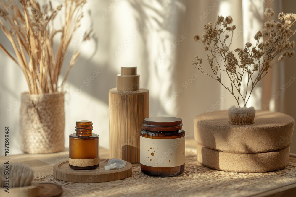 A serene display of natural beauty with skincare products and dried flowers. A serene display of natural beauty with skincare products and dried flowers.