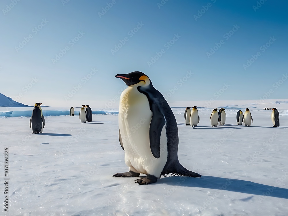 Fototapeta premium Emperor Penguin Standing on Snowy Ground with Other Penguins in the Background