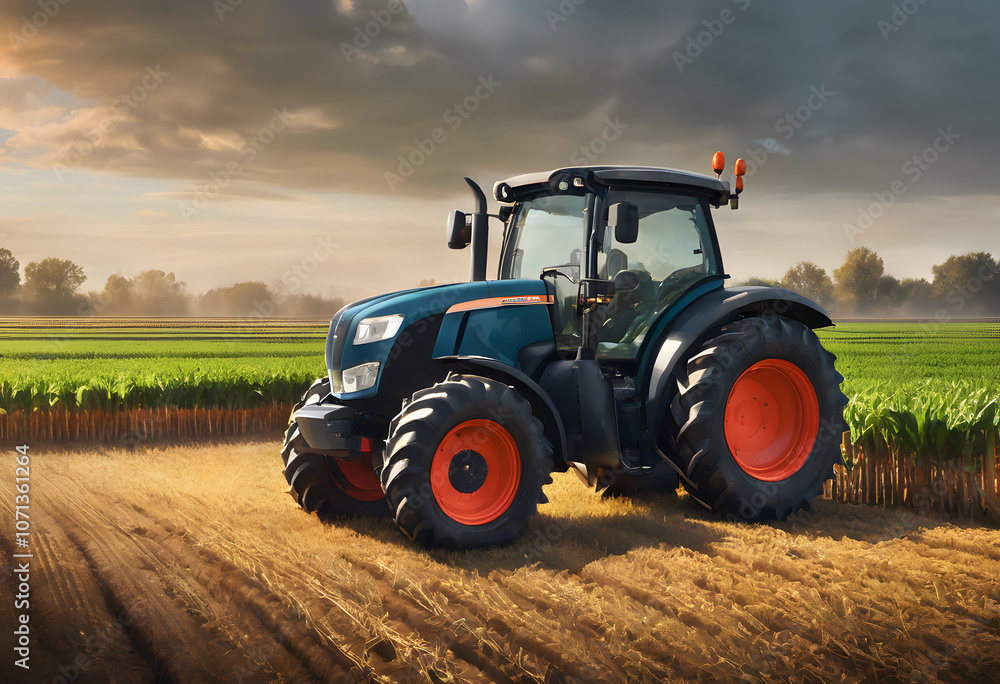 Fototapeta premium A tractor with large tires on a dirt path in a rural landscape, with fields.
