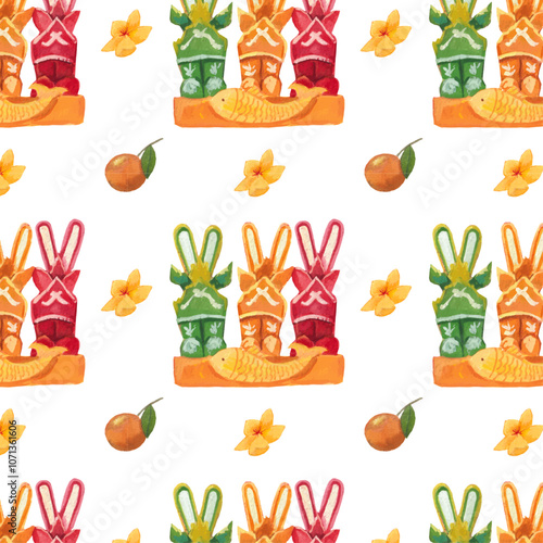 Joss paper model for Tet holiday watercolor illustration. Vietnam new year seamless vector pattern. Asia lunar new year celebration wallpaper.
