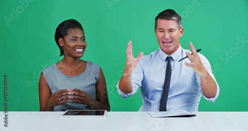 Obraz na plátně Studio, green screen and reporters in newsroom for business conversation, team talk and journalism