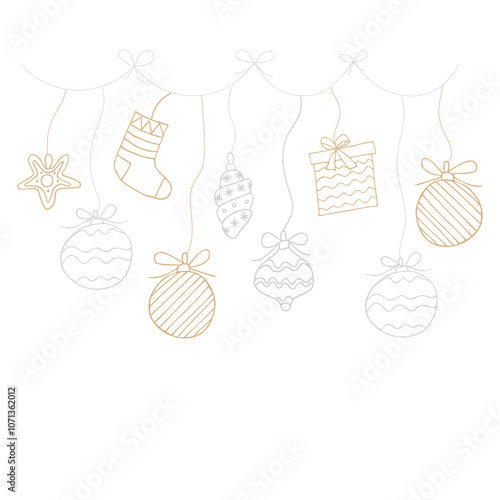 Illustration in a hand-drawn style. New Year's pattern of New Year's tree toys and decor. Can be used to create postcards, covers, patterns, backgrounds.