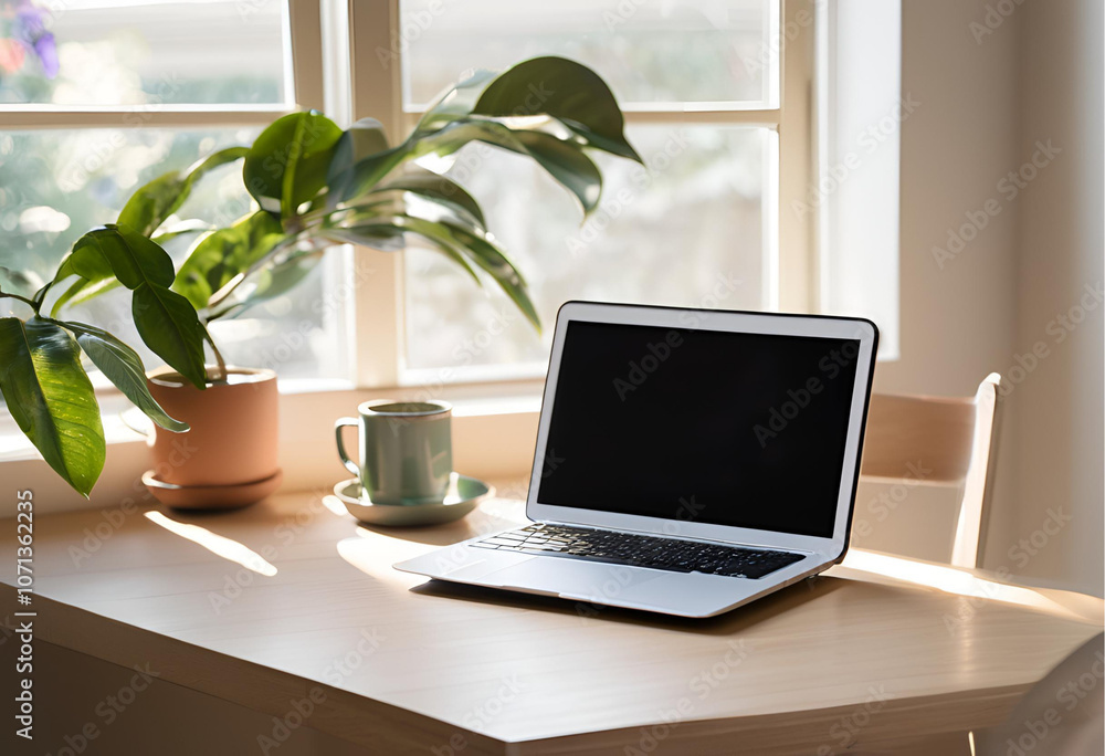 Fototapeta premium Softly Lit Workspace with Laptop and Plant Decor 
