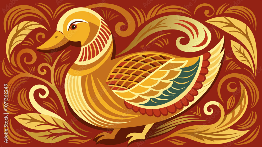 Obraz premium Golden Mandarin Duck Pattern on Brown Background. Perfect for: Weddings, Anniversaries, Valentine's Day