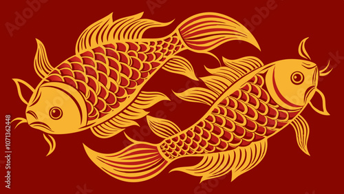 Golden Twin Fish in Paper-Cut Style on Deep Red Background. Perfect for: Lunar New Year, Wedding Celebrations, Prosperity Events