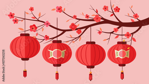 Lunar New Year Red Lanterns on Plum Tree Branches, Soft Pink. Perfect for: Chinese New Year, Lunar New Year