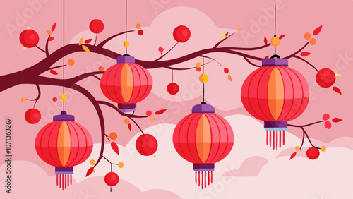 Lunar New Year Red Lanterns on Plum Tree Branches, Soft Pink. Perfect for: Chinese New Year, Lunar New Year