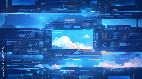 2D rendering of cloud technology concepts in a simplified anime style, with a blue, gradient, cyber-tech background.